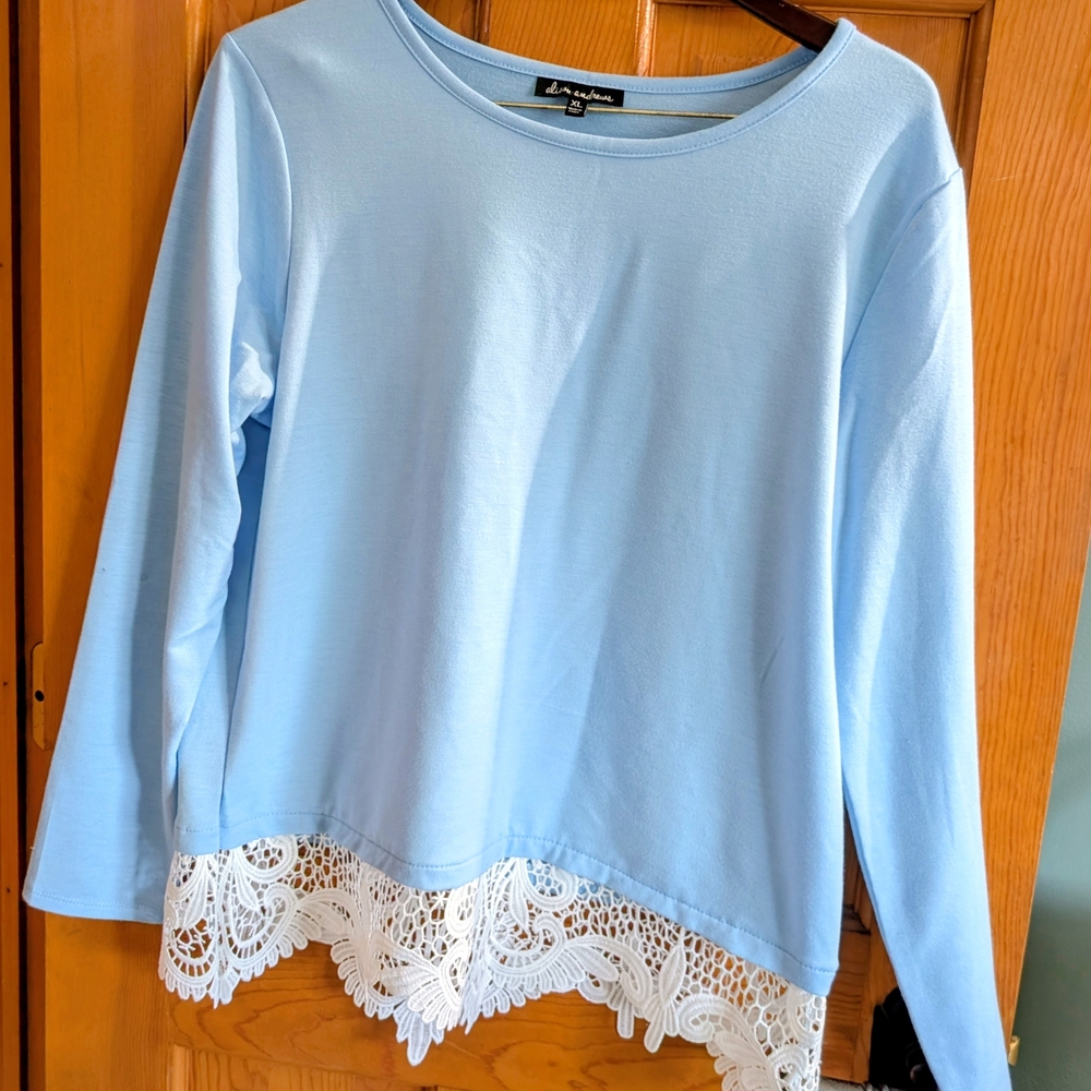 Light Blue Lace Hem Long Sleeve Top